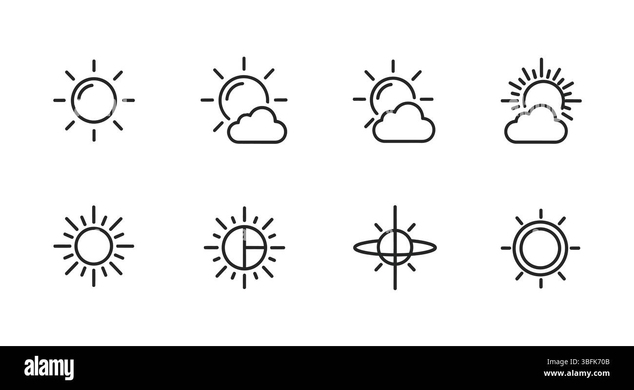 Set di icone Sole – simboli Sole, luminosità, luce diurna ed energia Illustrazione Vettoriale
