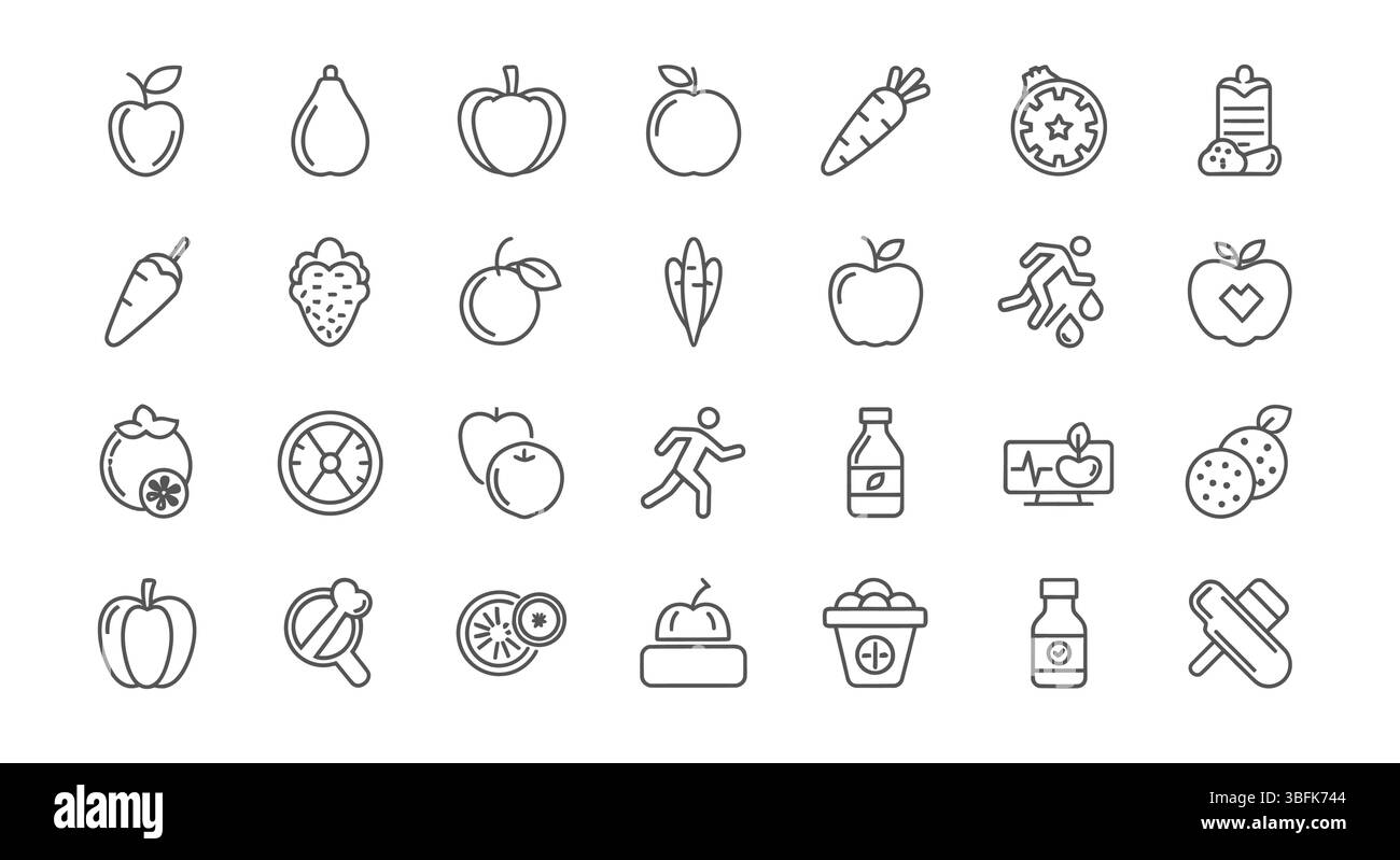 Set di icone nutrizione – alimentazione sana, dieta, cibo e simboli benessere Illustrazione Vettoriale