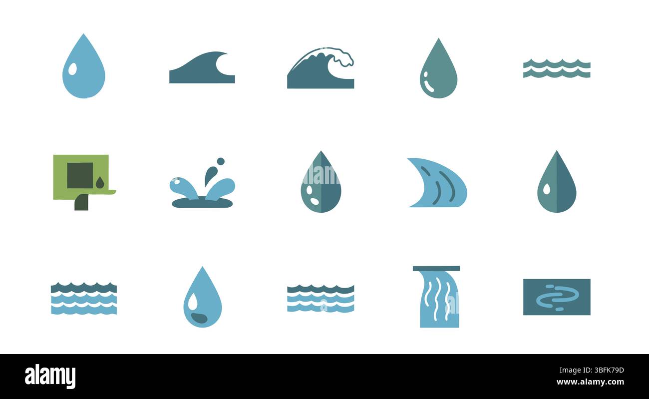 Set di icone di acqua lineare pulita – raccolta vettoriale delineata di acqua, gocce, onde, tubazioni, purificazione, conservazione ed elementi liquidi per l'interfaccia utente Illustrazione Vettoriale