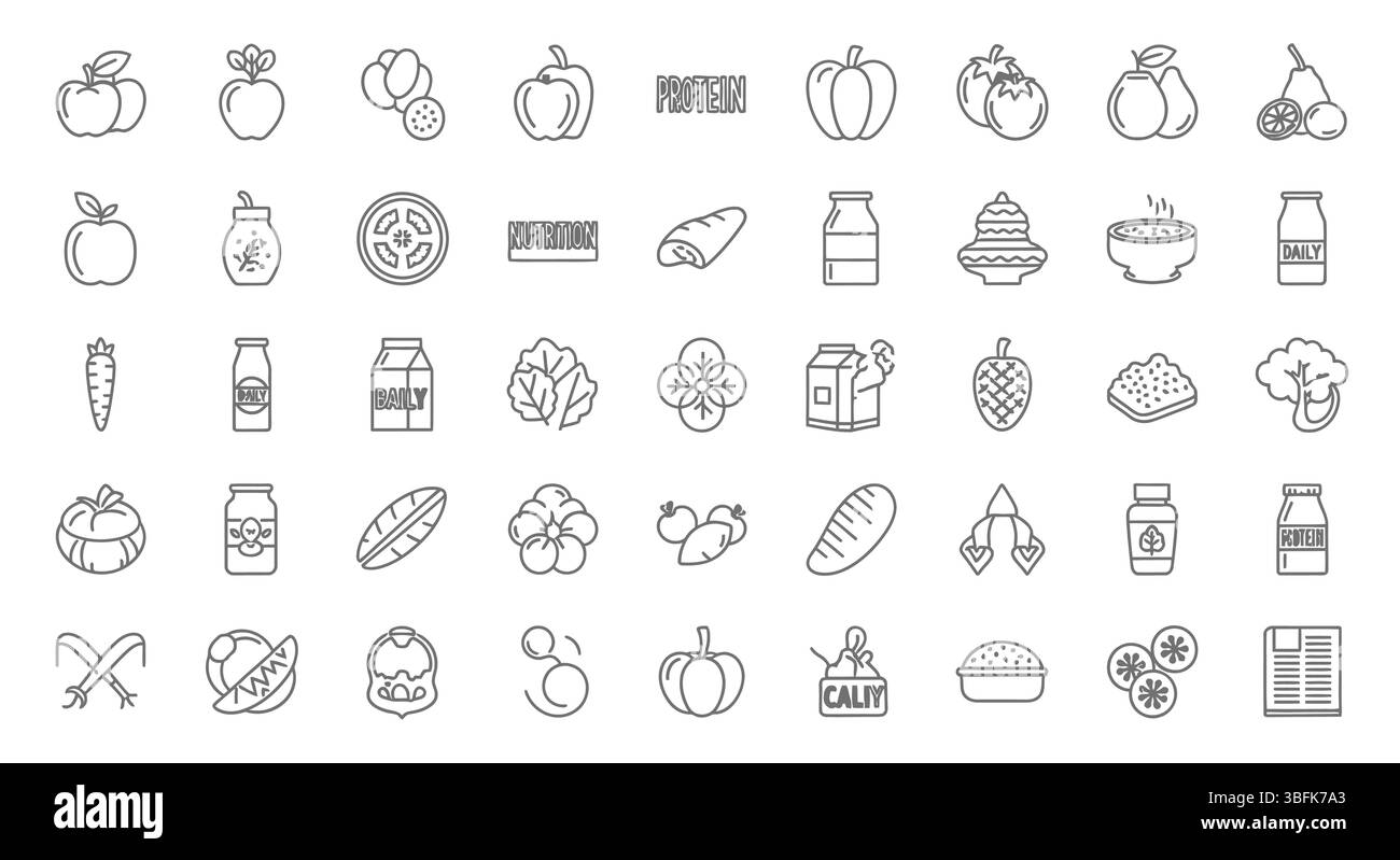 Set di icone nutrizione – alimentazione sana, dieta, cibo e simboli benessere Illustrazione Vettoriale