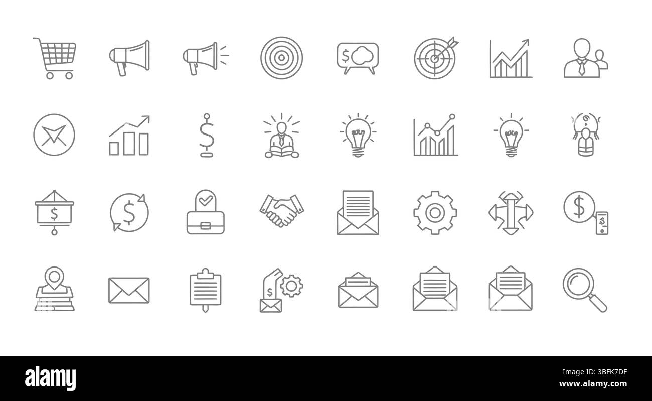 Set di icone di marketing – pubblicità, promozione, strategia e simboli aziendali Illustrazione Vettoriale