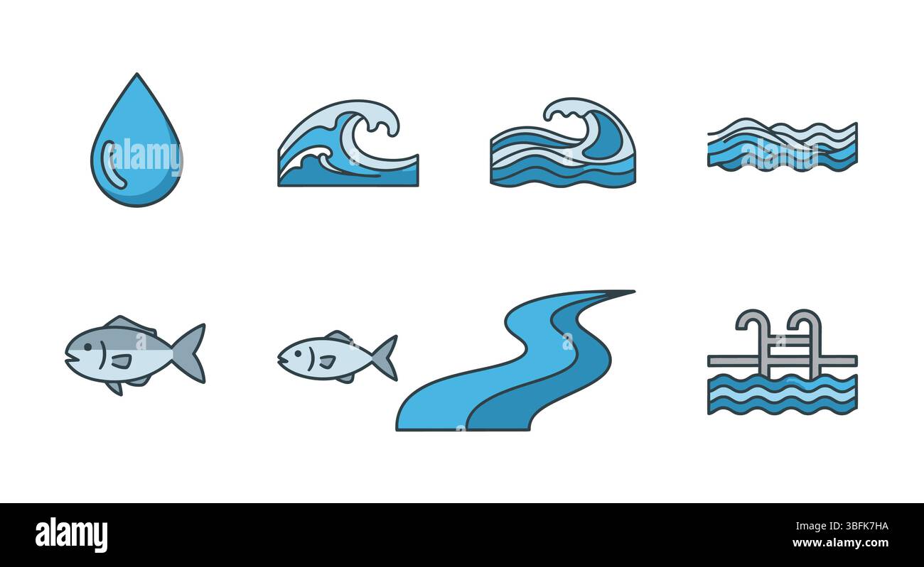 Set di icone di acqua lineare pulita – raccolta vettoriale delineata di acqua, gocce, onde, tubazioni, purificazione, conservazione ed elementi liquidi per l'interfaccia utente Illustrazione Vettoriale