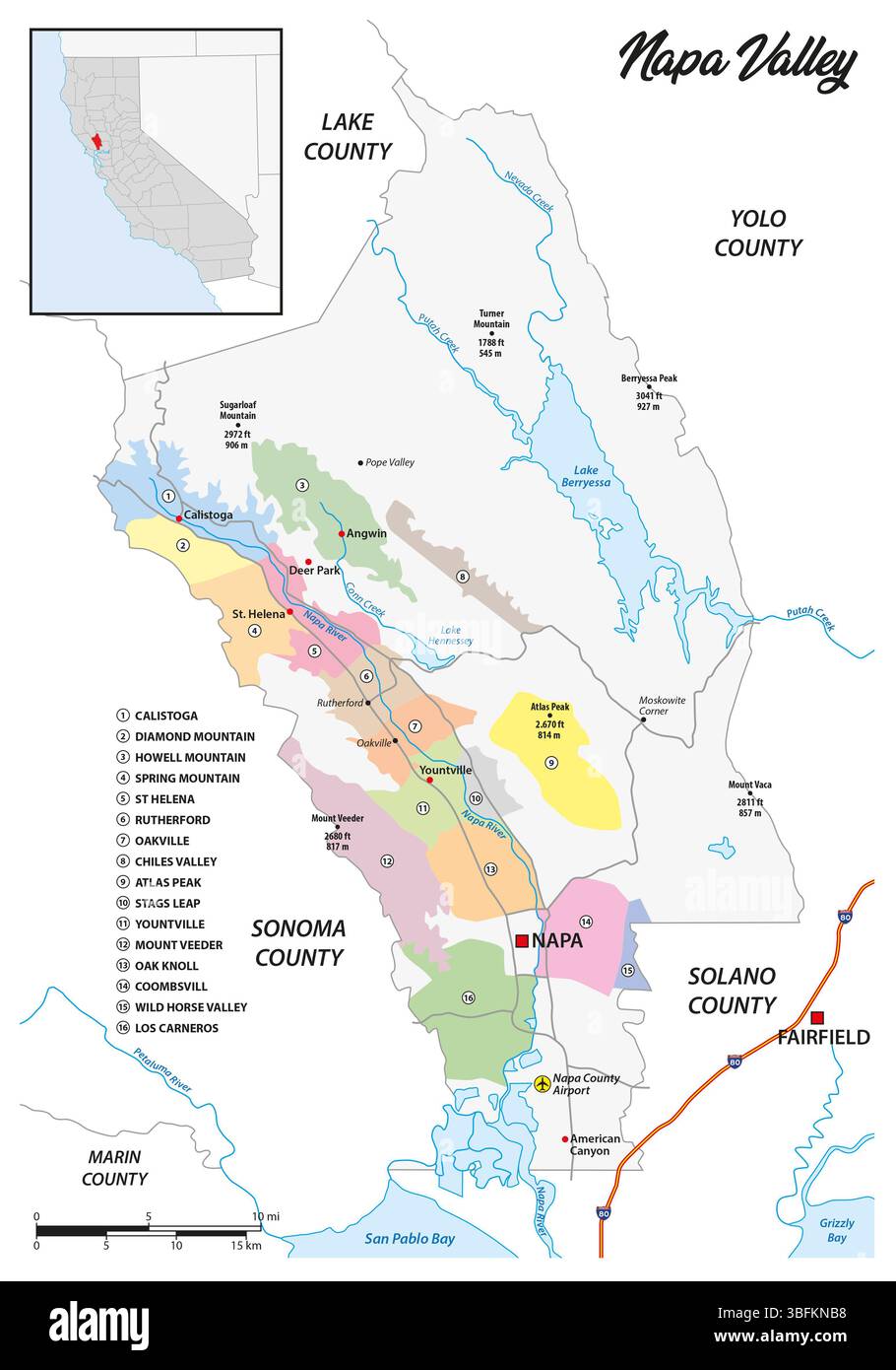 Mappa della regione vinicola della Napa Valley, California, Stati Uniti Foto Stock