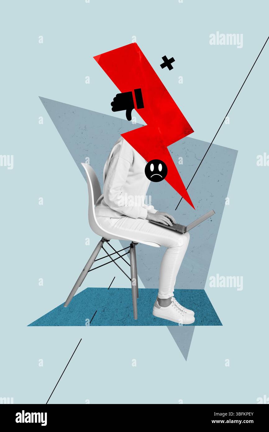 Disegno di schizzi collage fotografico 3D di cyberbully persona senza testa stress Sit tipo laptop pressione vittima molestie discriminazione Foto Stock