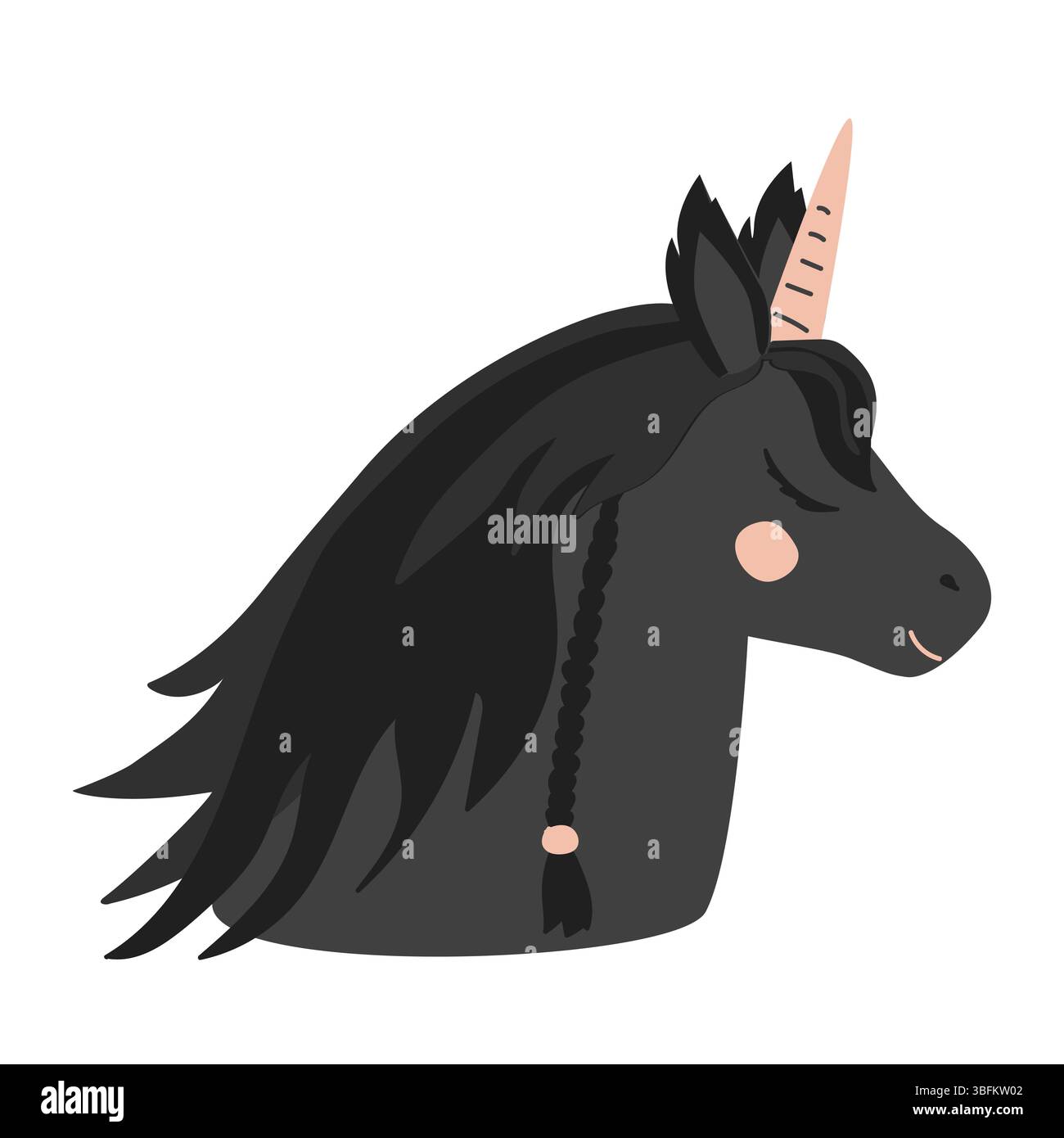 Profilo di unicorno nero dormiente carino. Illustrazione isolata del cartone animato ritratto di unicorno. Vettore del cavallo delle fate Illustrazione Vettoriale