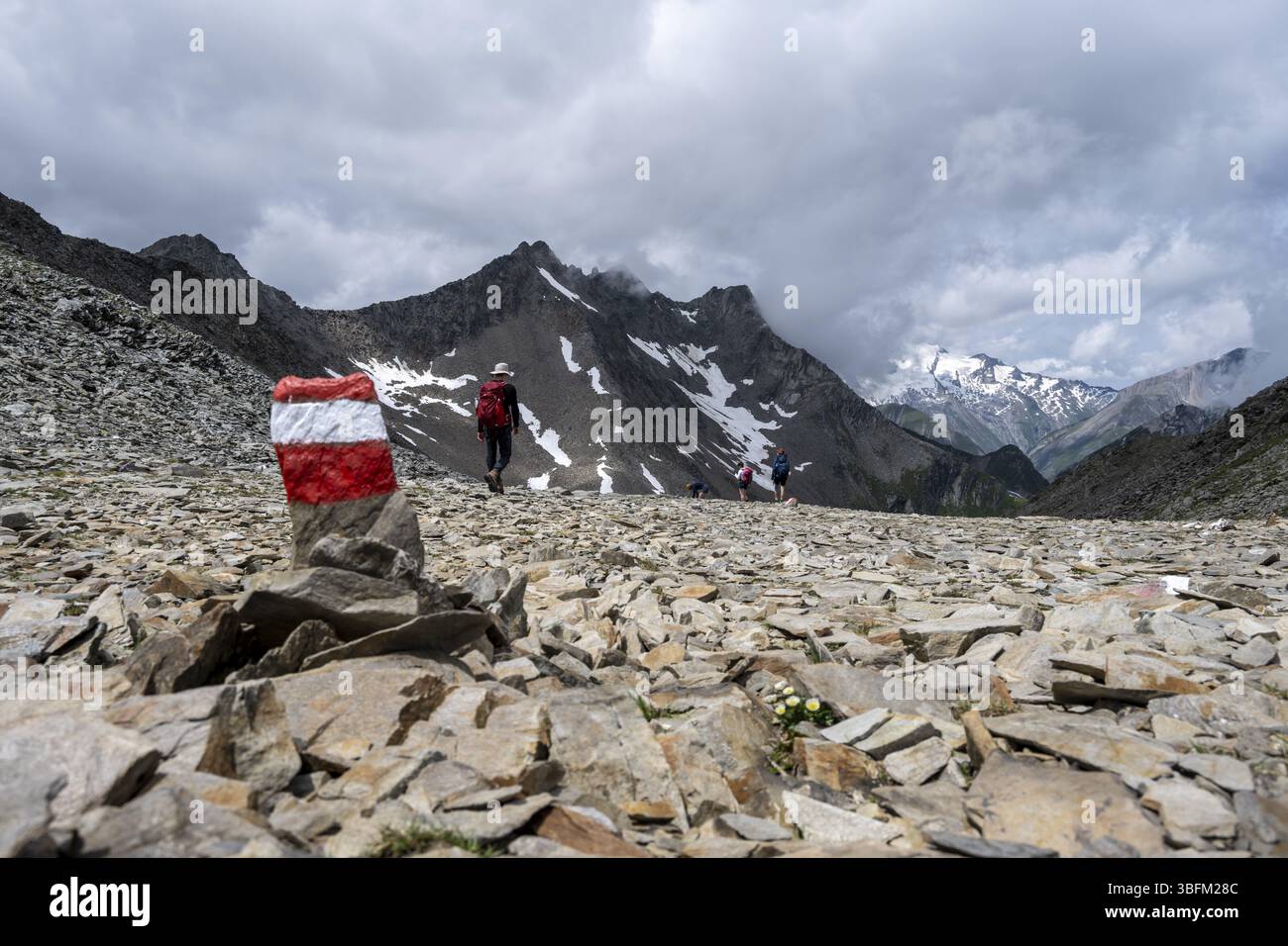 Escursionisti in alta montagna, Lasoerling Hoehenweg, Lasoerling Hoehenweg, Austria, Europa Foto Stock