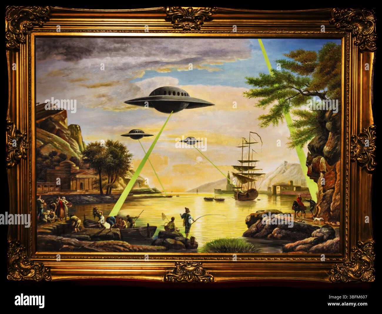Banksy - UFO, conflitto tra epoca moderna e storica, fantascienza incontra l'impressionismo, 2006, mostra il mondo di Banksy Foto Stock
