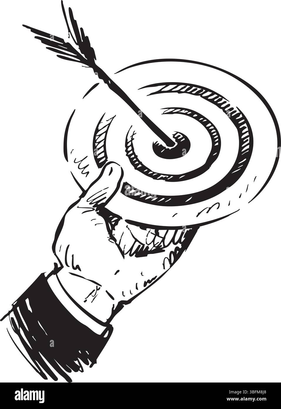 Illustrazione del raggiungimento del traguardo con una freccia e una mano che lo raggiunge Illustrazione Vettoriale