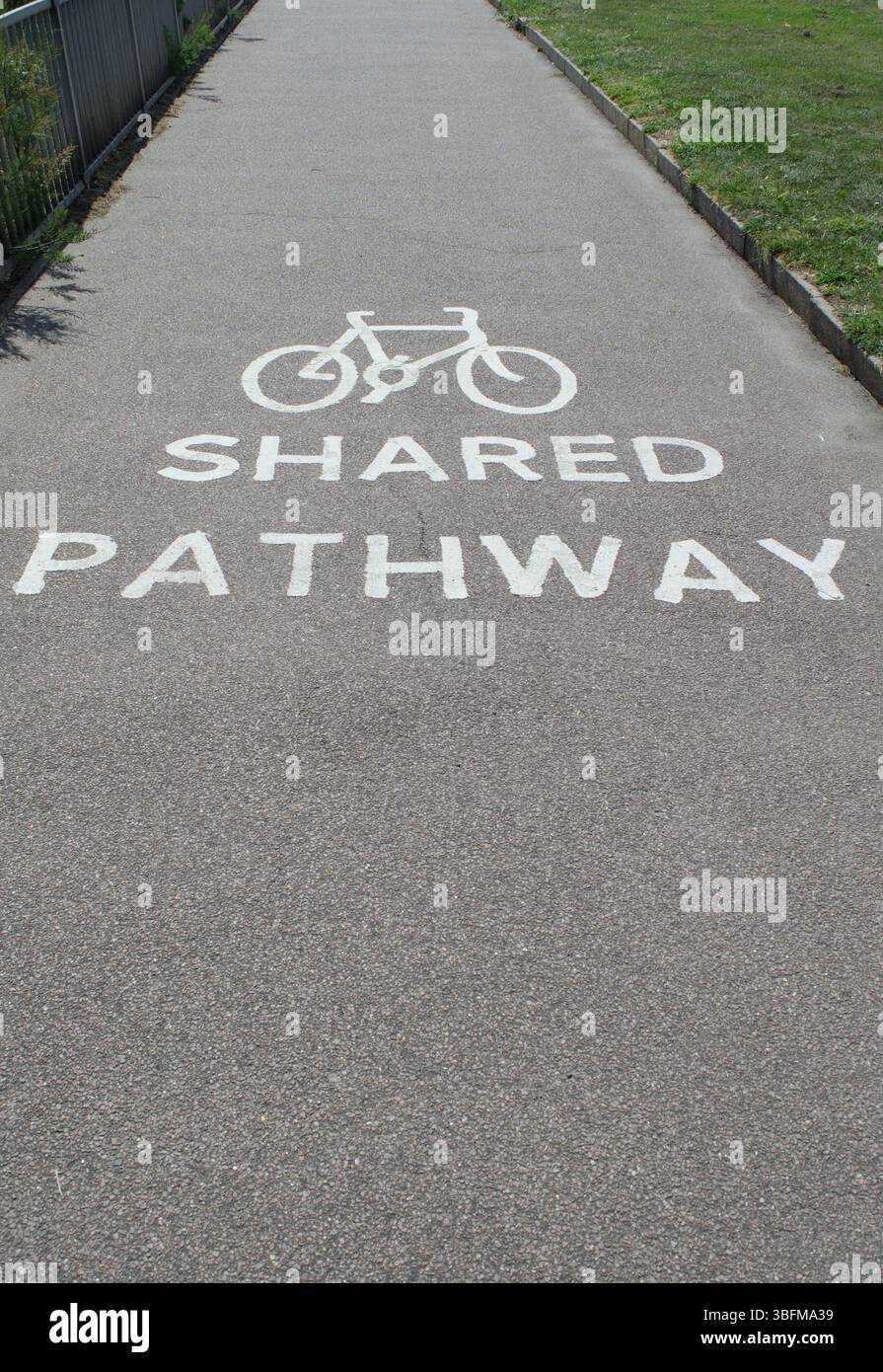 Simbolo della pista ciclabile su un sentiero asfaltato in inglese Foto Stock