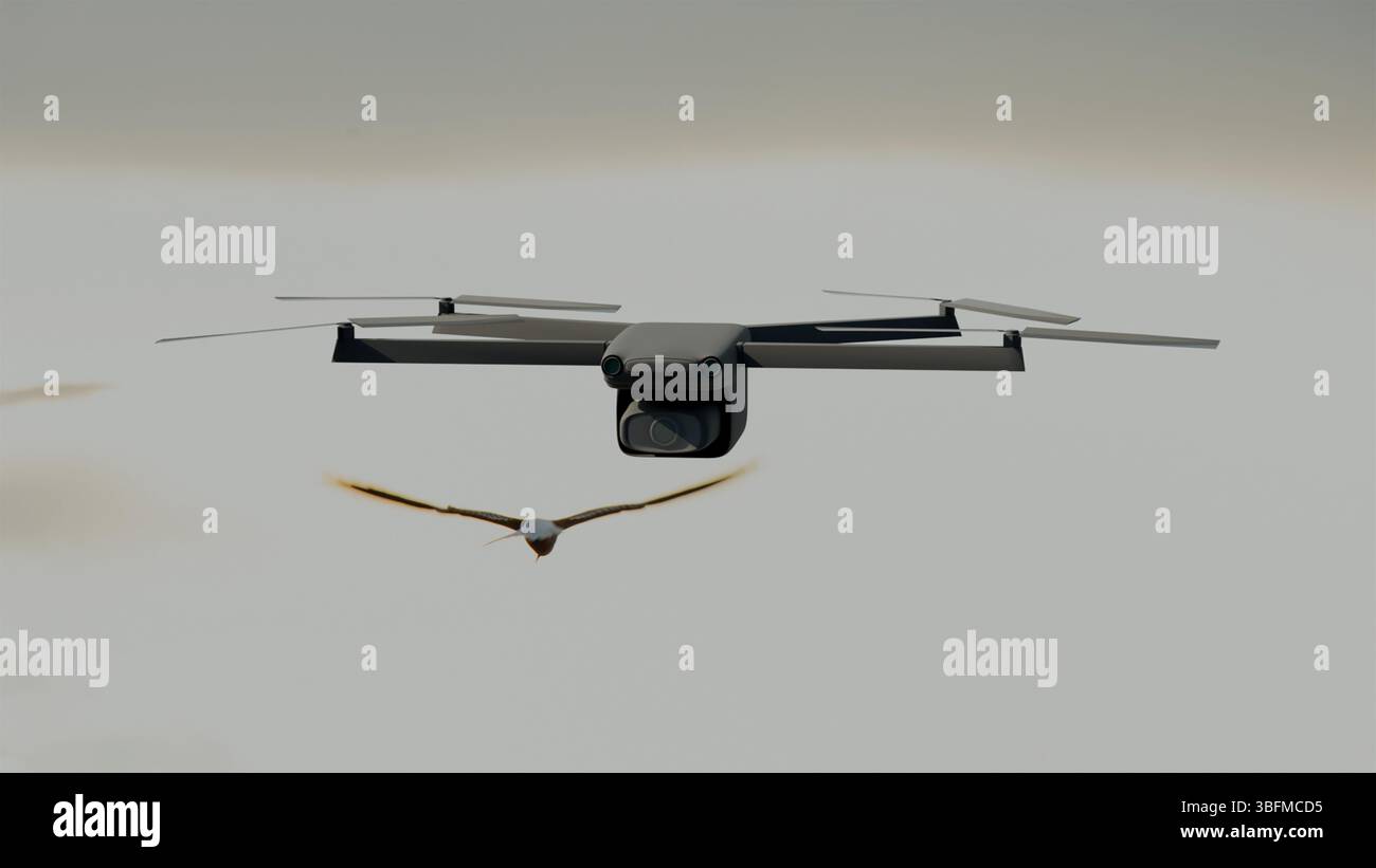 Modello 3D di un drone nero con un uccello che vola nel cielo, drone nel cielo Foto Stock
