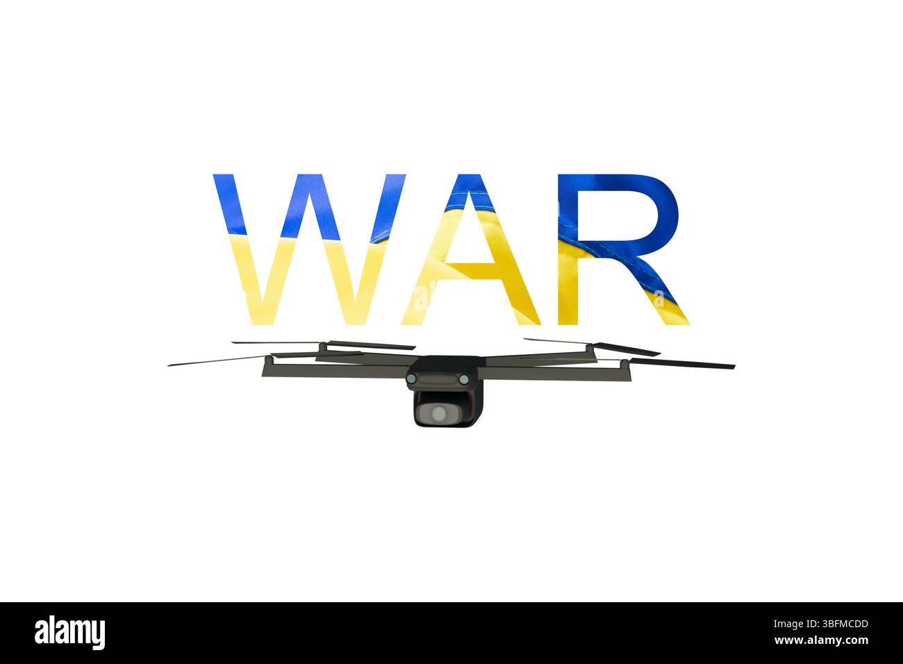 Modello 3D di un drone con l'iscrizione GUERRA nei colori della bandiera Ucraina su sfondo bianco, simbolo della guerra dei droni e del combattimento moderno Foto Stock
