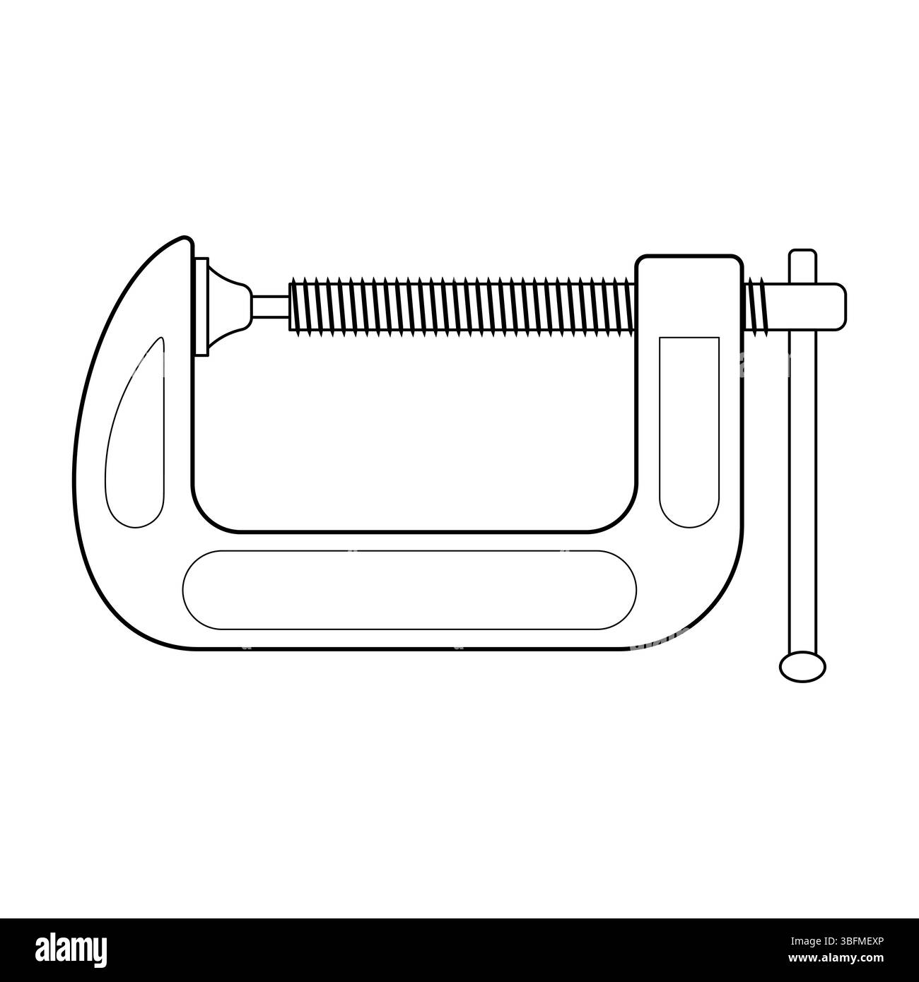 Utensile industriale G-Clamp con meccanismo a vite. Un morsetto che mette in evidenza il telaio curvo, il meccanismo a vite filettato, il cuscinetto girevole e la barra del manico. Illustrazione Vettoriale