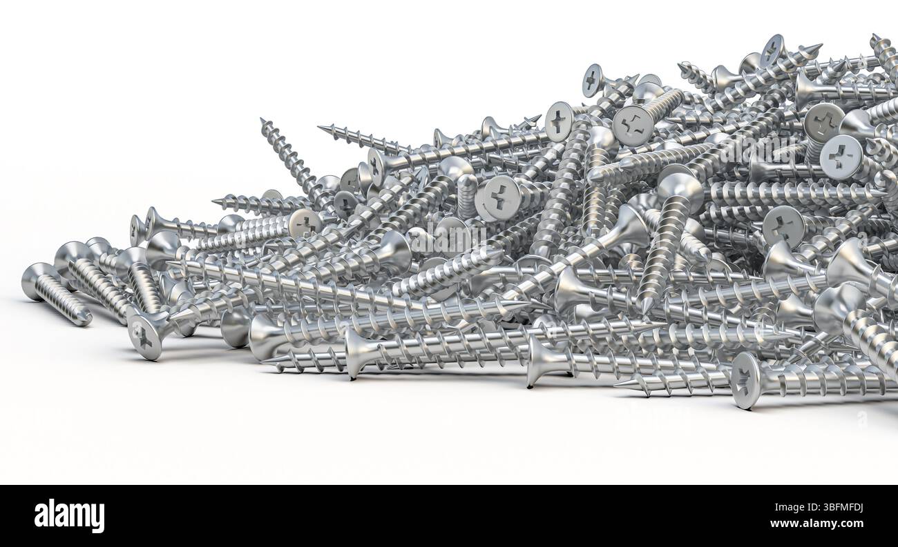 Viti cromate 3d su sfondo bianco Foto Stock
