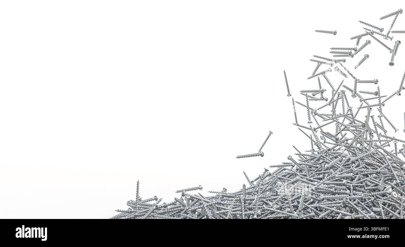 Viti cromate che cadono su un mucchio su sfondo bianco 3d. Foto Stock