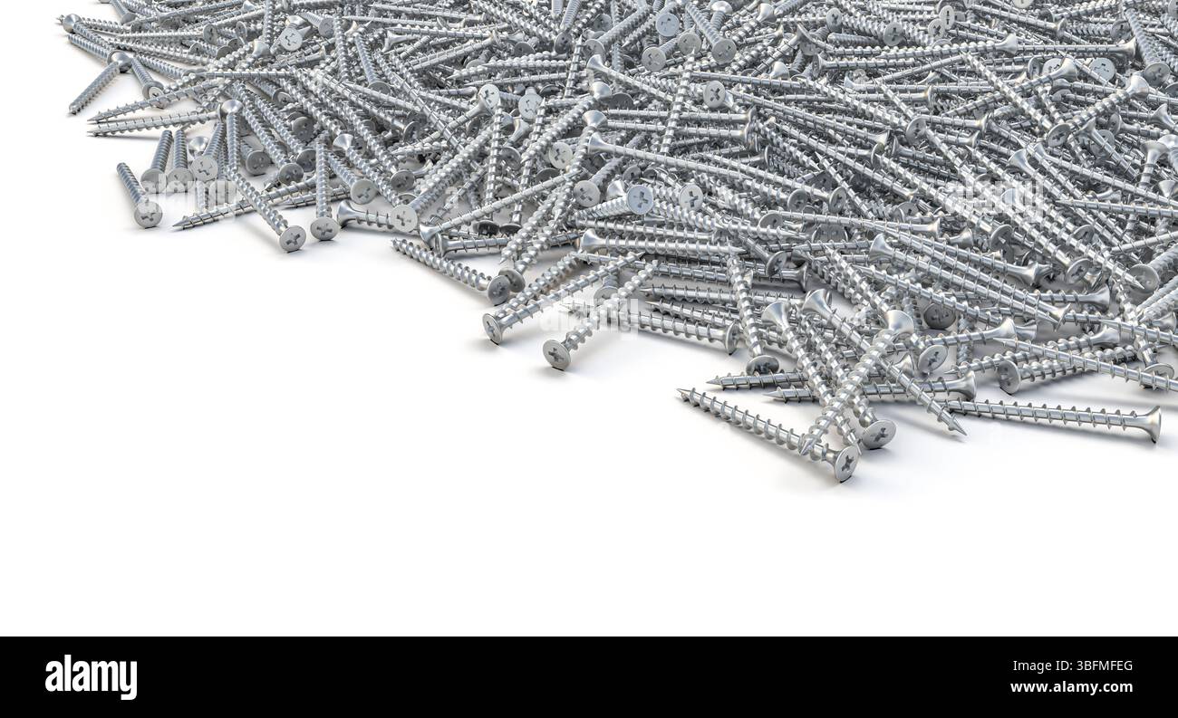 Pile di viti per legno che formano un tumulo su sfondo bianco 3d. Foto Stock