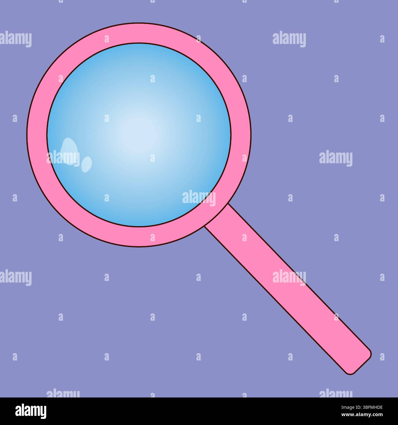 Lente d'ingrandimento piatta Cartoon con manico rosa su sfondo viola. Scienza scolastica e concetto di scoperta. Lezione di scienze naturali. Per tornare a scuola Illustrazione Vettoriale