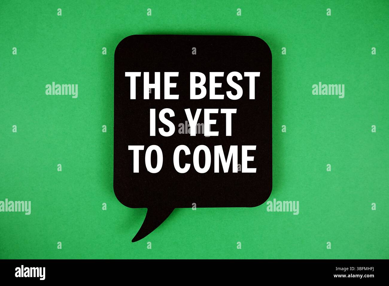 Il testo migliore deve ancora arrivare con bolla vocale su sfondo verde Foto Stock