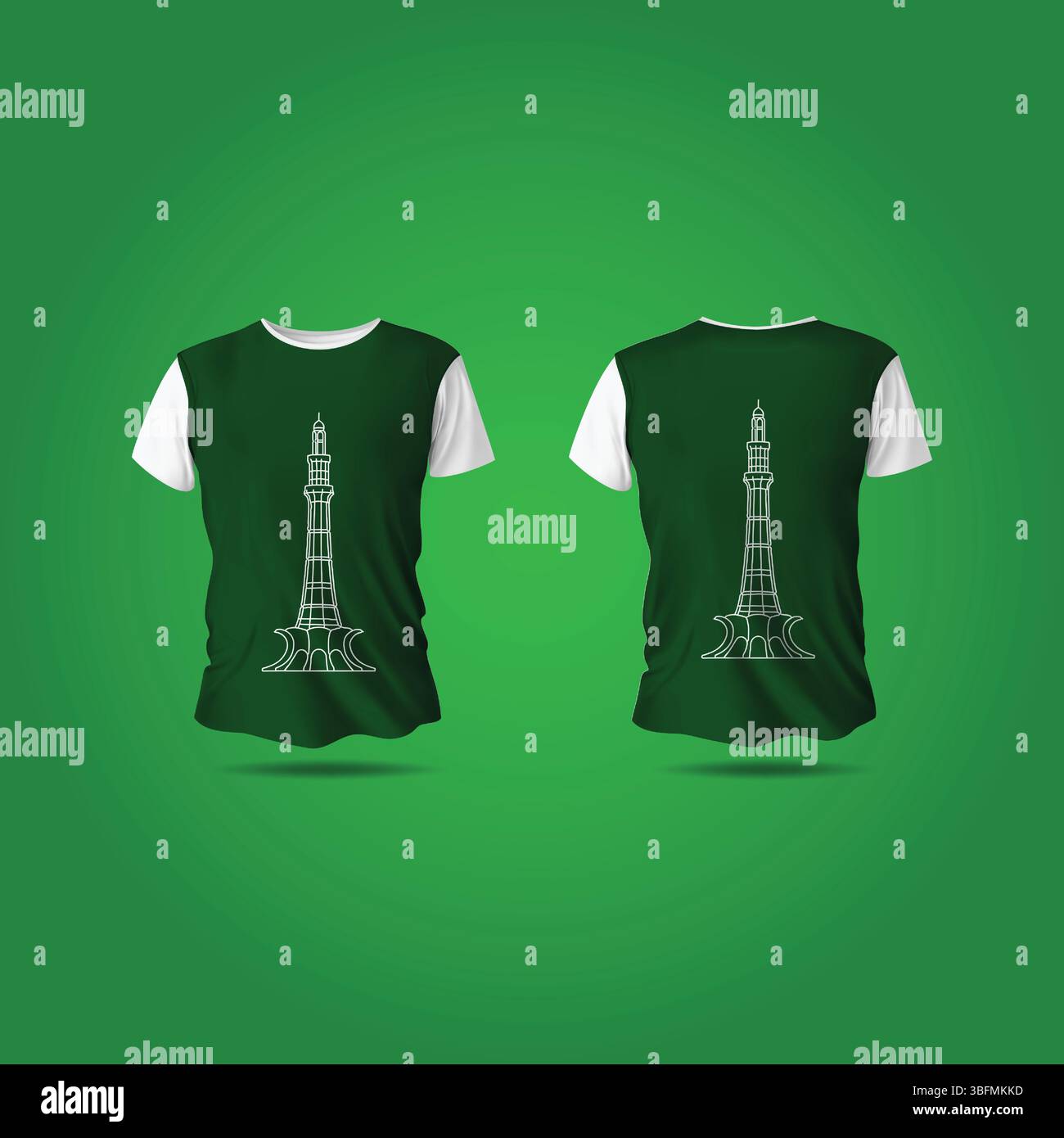 Mockup di t shirt Minar-e-Pakistan davanti e dietro con sfondo verde scuro Illustrazione Vettoriale