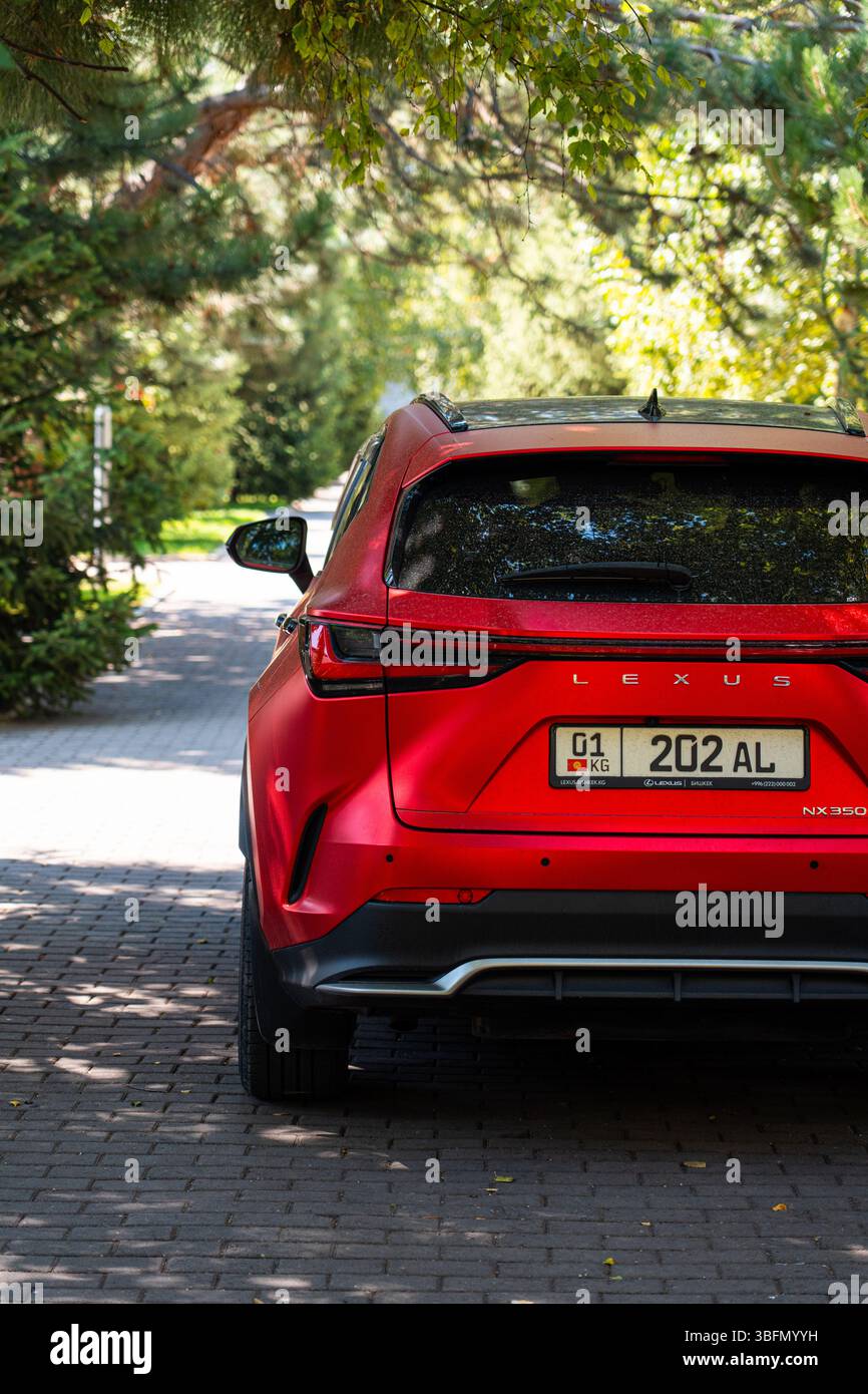 Bishkek, Kirghizistan - 12 ottobre 2024: Vista dall'angolo posteriore di un SUV Lexus NX350 rosso parcheggiato su una superficie pavimentata, circondato da lussureggianti alberi verdi Foto Stock