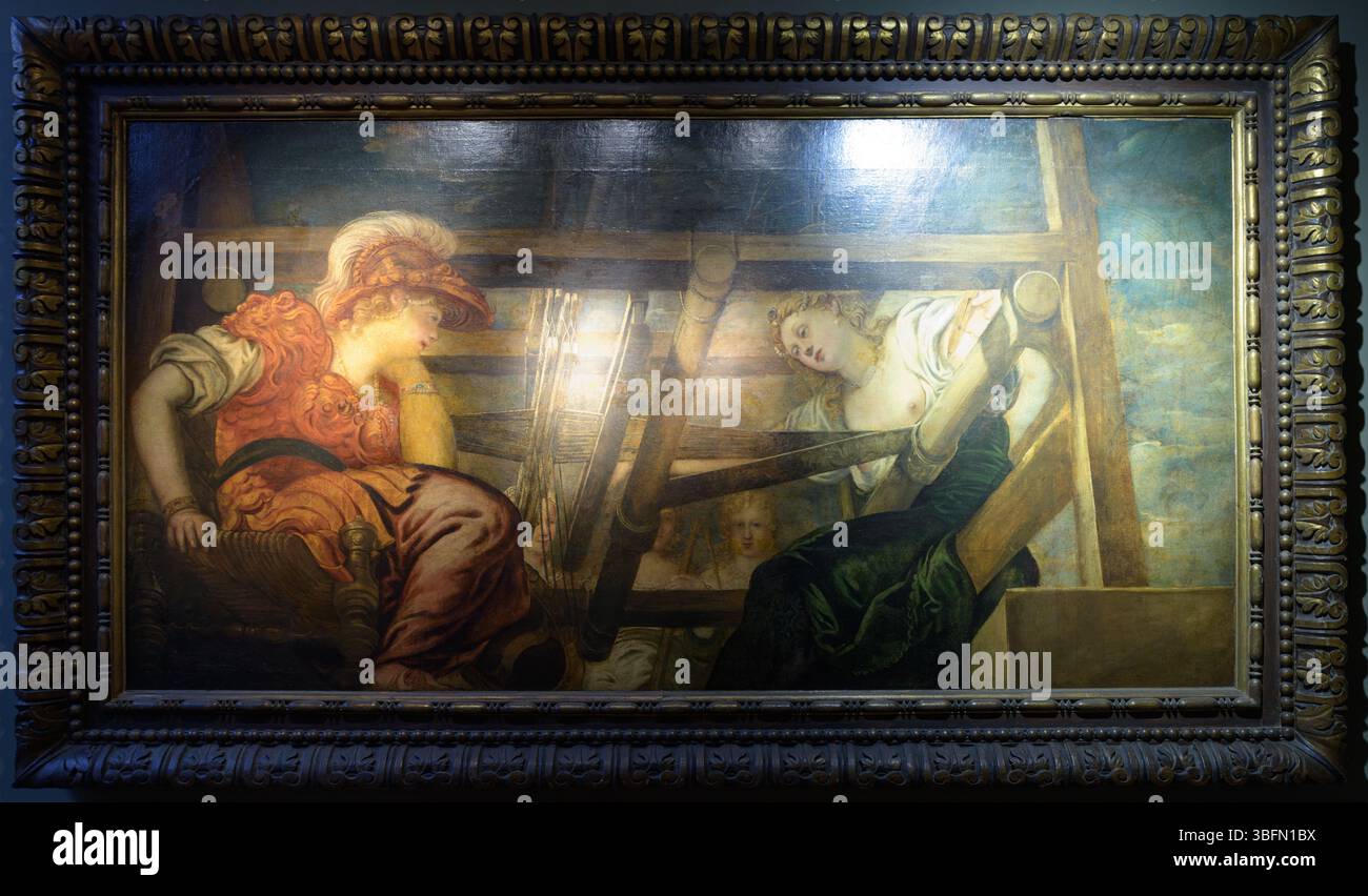 Atena e Arachne di Jacopo Tintoretto, olio su tela, raffigurante concorso di tessitura mitologica, stile rinascimentale veneziano, Venezia, Italia. Foto Stock