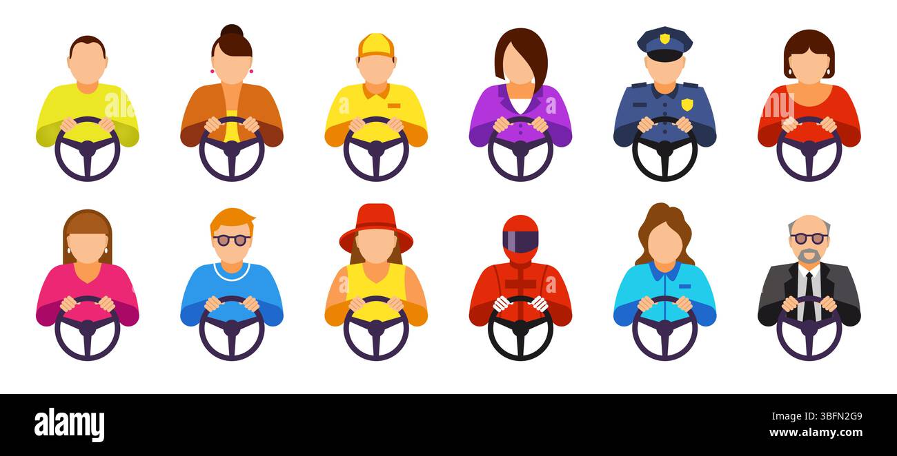 Guida dell'autobus. Persone alle ruote sterzanti di trasporto. Persona in macchina. Guida in pista o autista. Corsa automatica. Uomini e donne che guidano le facce. Traffico automobilistico della polizia. Set di caratteri dell'operatore del veicolo Illustrazione Vettoriale Guida dell'autobus. Persone alle ruote sterzanti di trasporto. Persona in macchina. Guida in pista o autista. Corsa automatica. Uomini e donne che guidano le facce. Traffico automobilistico della polizia. Set di caratteri dell'operatore del veicolo Illustrazione Vettoriale