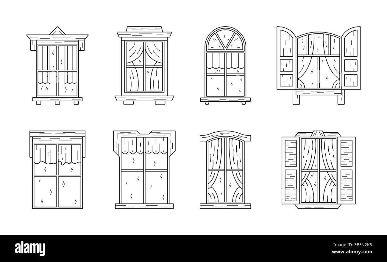 Finestra Doodle. Schizzo in bianco e nero aperto sul muro dell'edificio. Persiane per il contorno della casa all'esterno. Tende all'interno della casa. Casse di vetro chiuse. Davanzale per la costruzione dell'architettura. Set grafico linea vettoriale Illustrazione Vettoriale