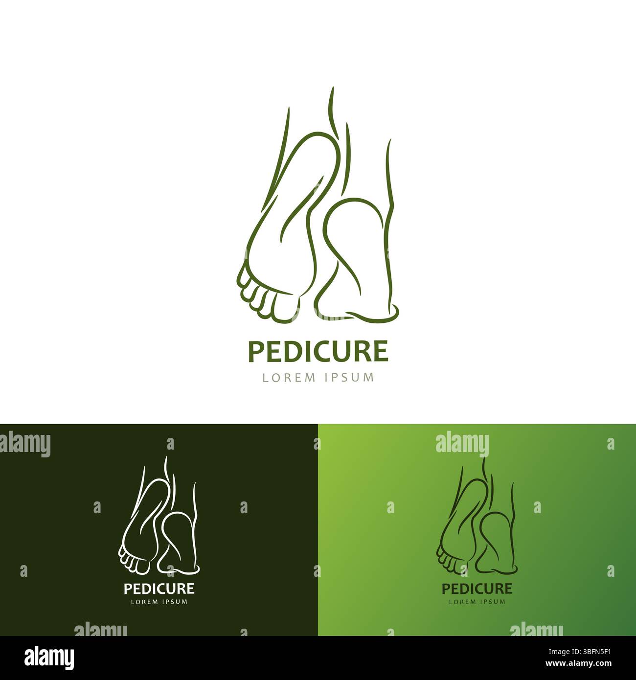 Icona dei piedi femminili, modello con logo e emblema. Illustrazione lineare della gamba delle donne vettoriali. Prodotti per la cura della pelle, pedicure, massaggi termali e cosmetici Illustrazione Vettoriale