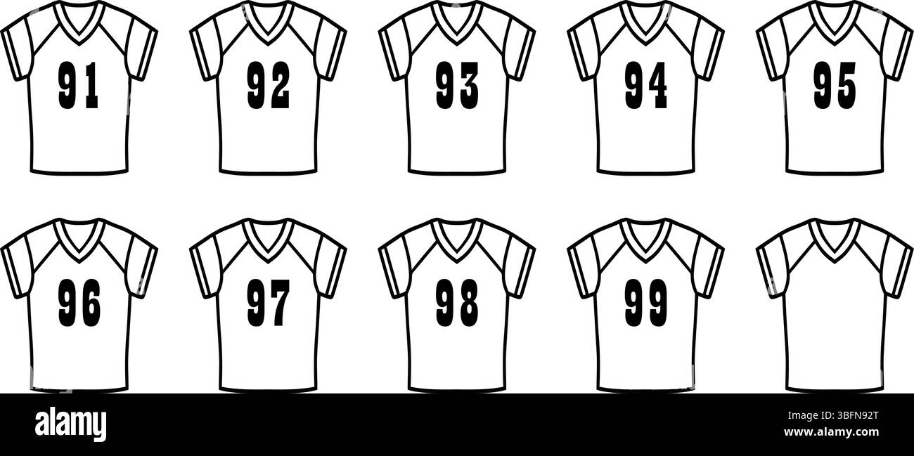 Maglie sportive numerate da 91 a 99 Illustrazione Vettoriale
