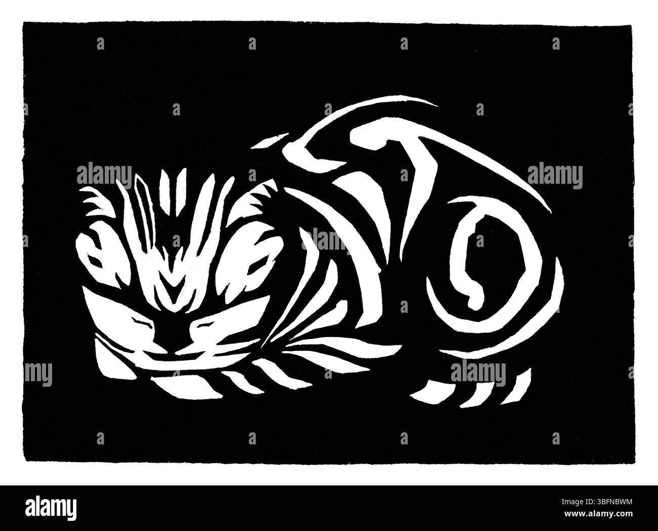 Woodcut Cat (1917) di Julie de Graag, opere d'arte di pubblico dominio olandese. Stampa animale in bianco e nero ad alta risoluzione, perfetta per decorazioni, editoriali e stampe. Foto Stock