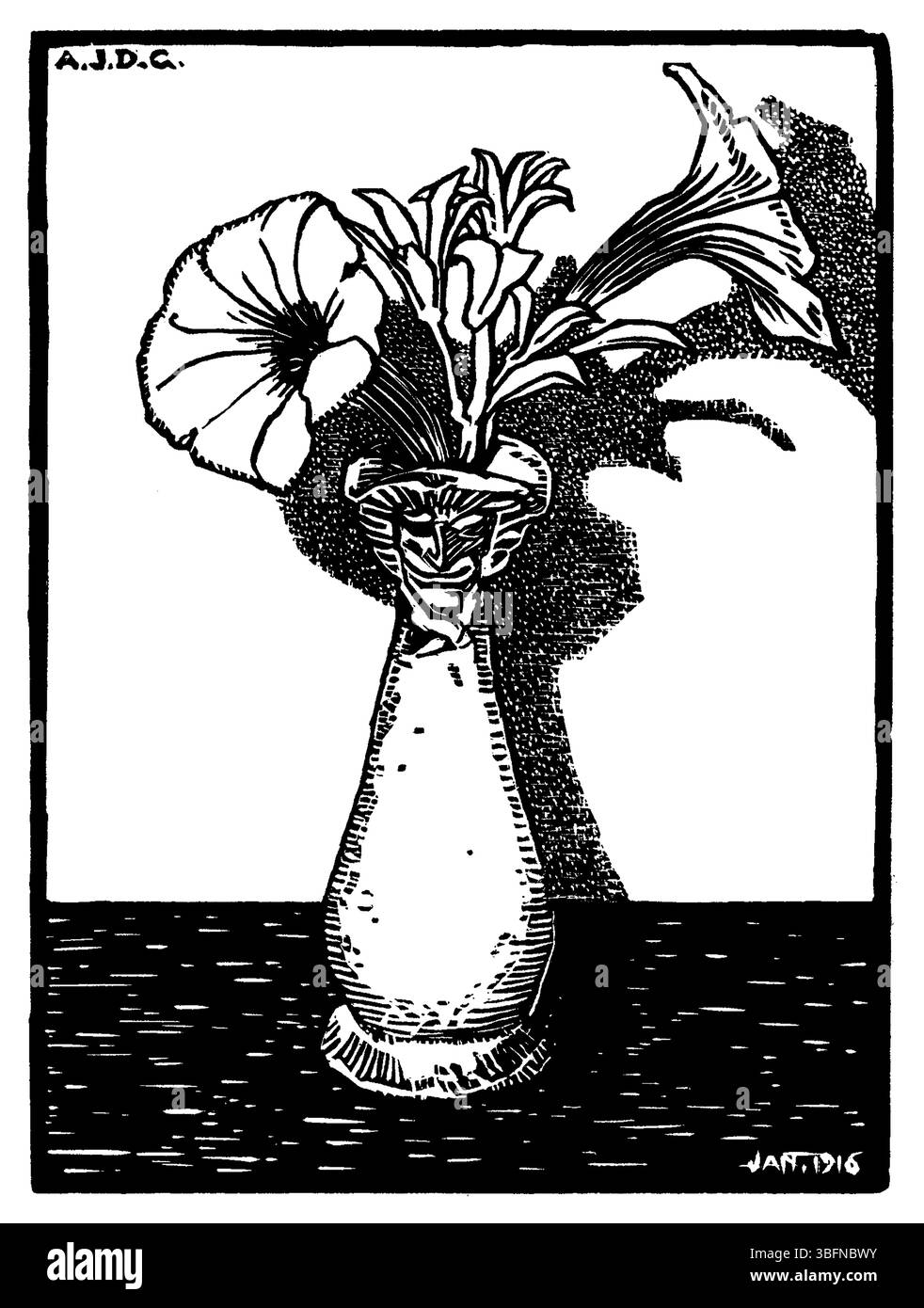 Vaso con fiori di Julie de Graag – 1916 Dutch Art Nouveau Woodcut, Floral Still Life, Public Domain fine Art Print Foto Stock