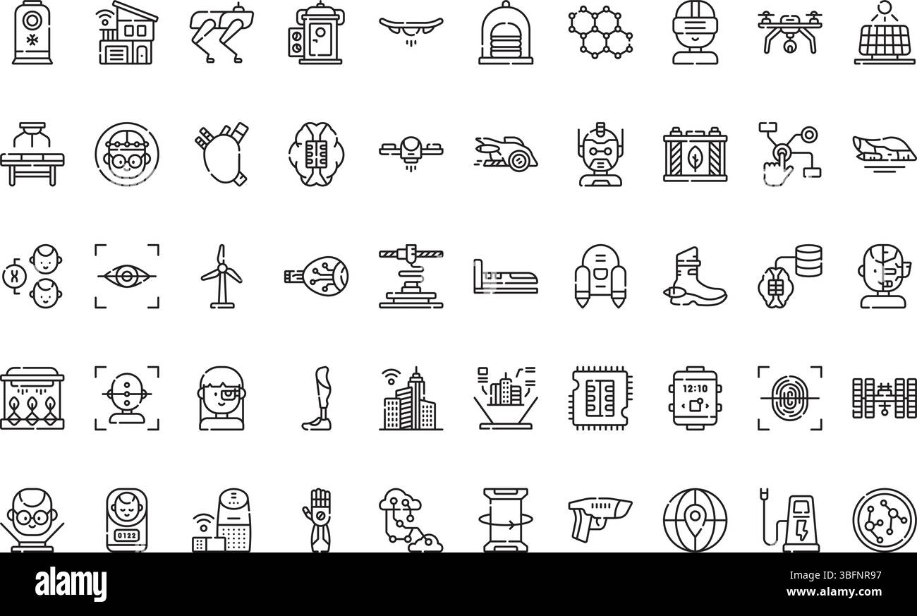 Icone di tecnologia futuristica icone semplice icona vettoriale. Immagine modello di disegno simbolo per elemento UI mobile Web. Illustrazione Vettoriale