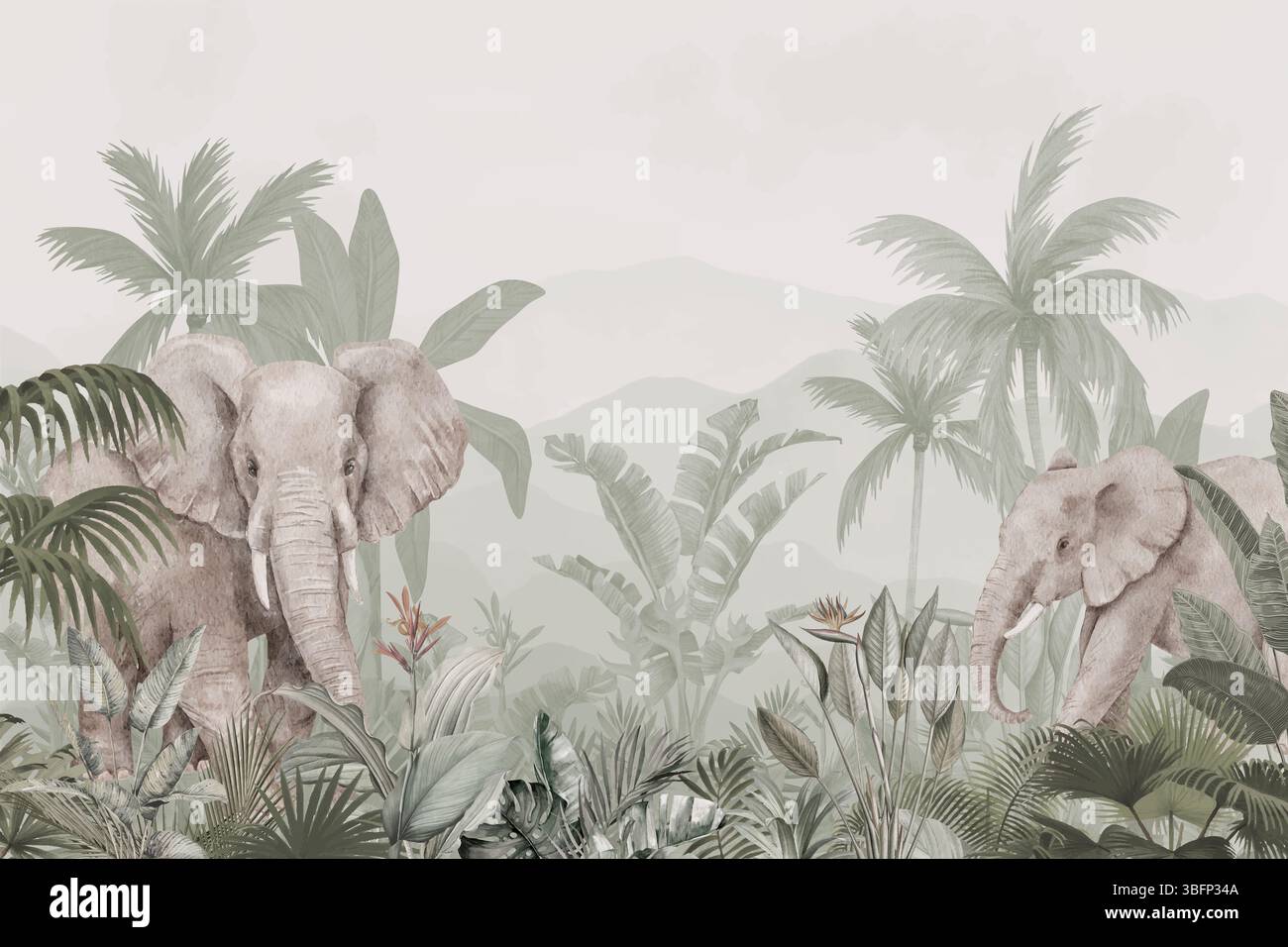 Ricca foresta tropicale verde con elefanti, animata illustrazione del paesaggio degli animali da safari Foto Stock