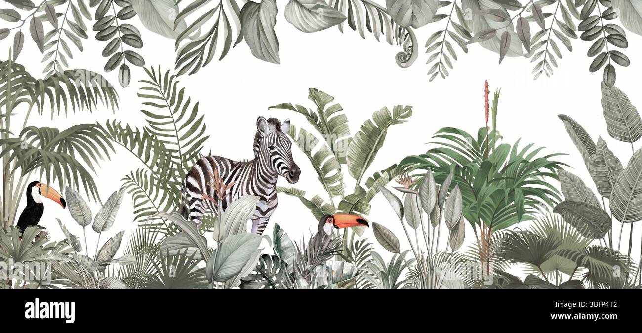 Sfondo lussureggiante nella giungla tropicale: Zebra e Toucan in una vivace scena verde con fogliame Foto Stock