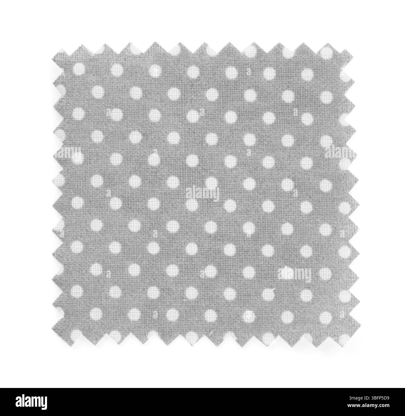 Campione di tessuto grigio con motivo a pois isolato su bianco, vista dall'alto Foto Stock