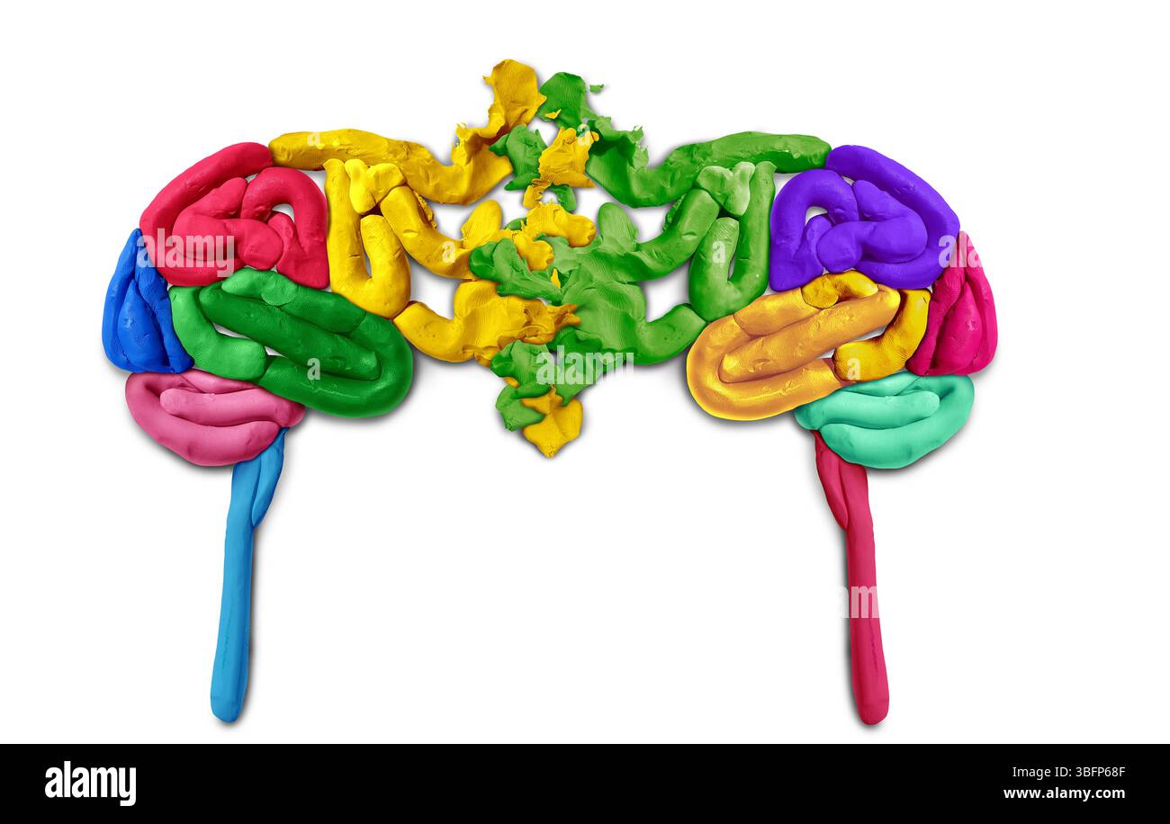 Comunicazione e relazione come cervelli diversi che si fondono insieme come un simbolo per la salute mentale o psicologia e psichiatria come represen di argilla modellante Foto Stock
