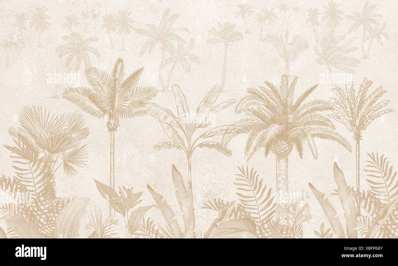 Carta da parati tropicale beige sottile - Palme chiare e motivo botanico per una casa moderna Foto Stock
