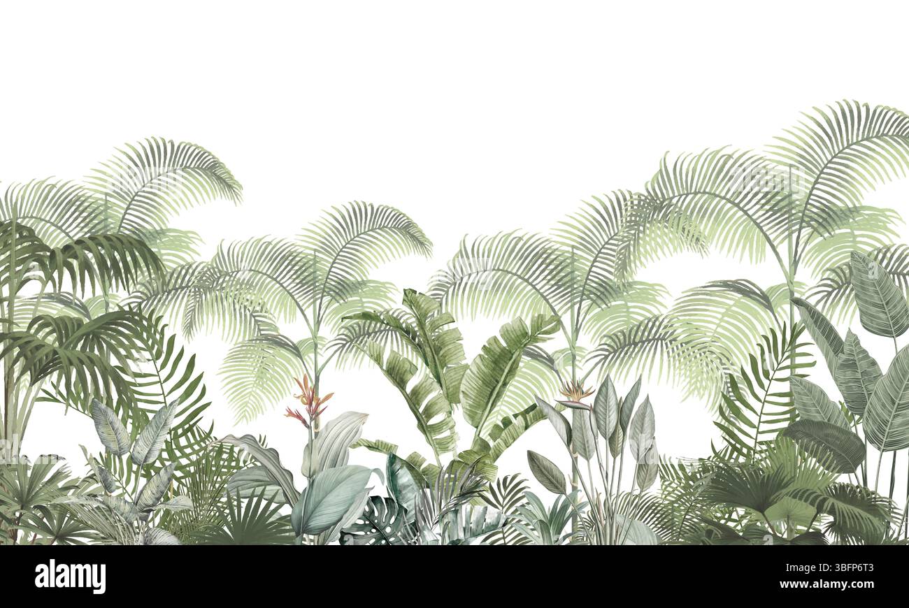 Sottile sfondo tropicale verde chiaro: Delicato palme e design a foliera Foto Stock