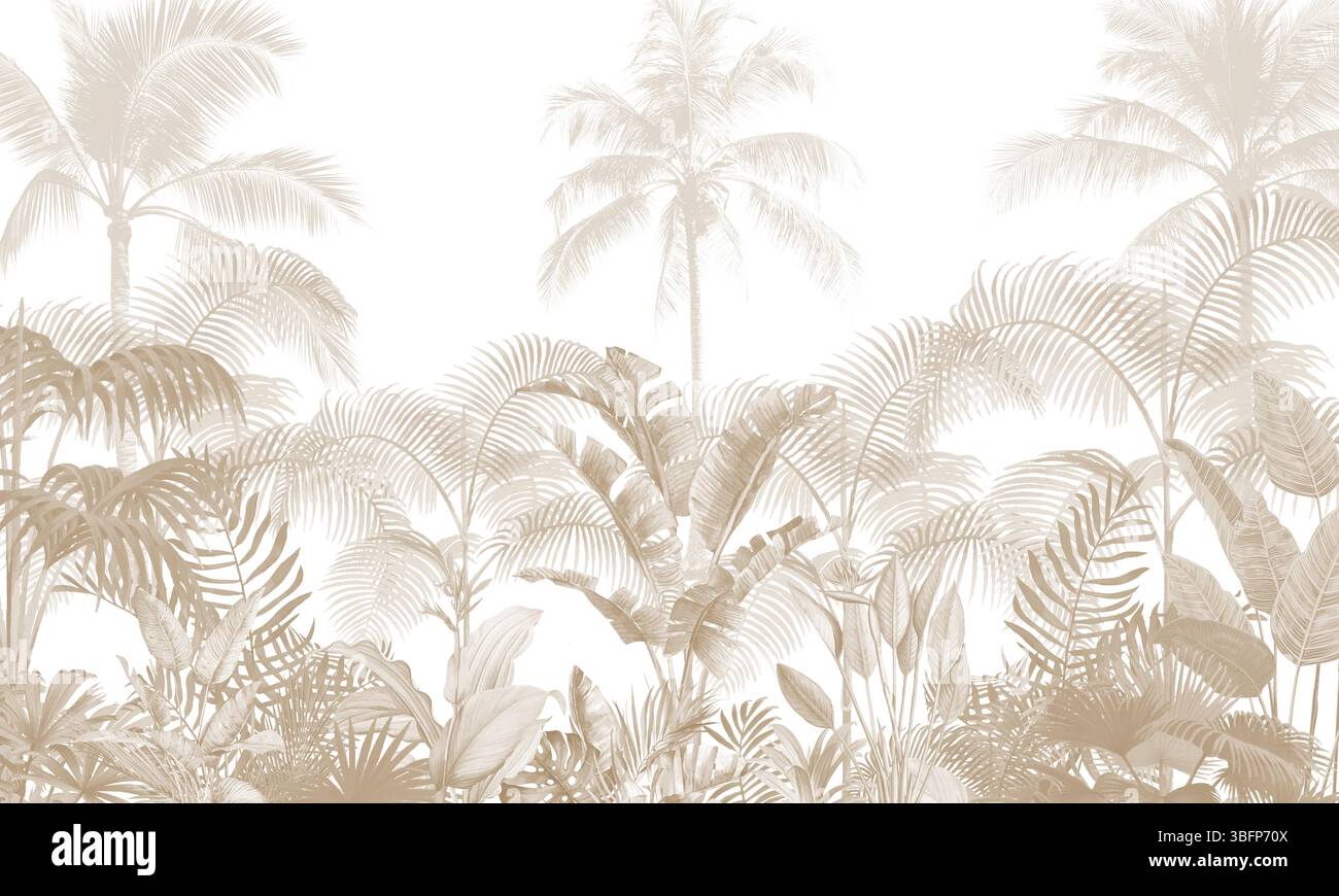 Sfondo paesaggio tropicale seppia mutata: Palme morbide e motivo fogliame della giungla Foto Stock