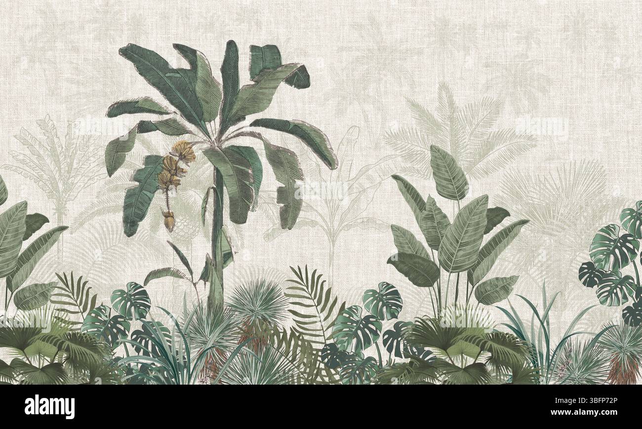 Sfondo verde sottile paesaggio tropicale: Palme e lussureggiante testata di foglie della giungla Foto Stock