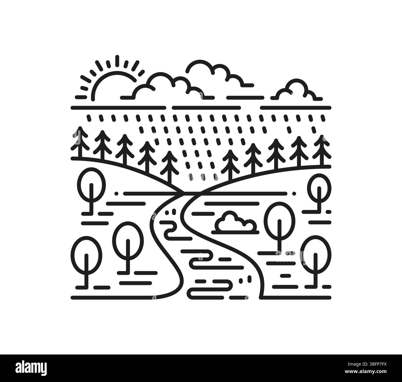 Icona della linea del paesaggio con montagne, fiume e valle di alberi boschivi, simbolo vettoriale. Natura paesaggio sottile icona di campagna giardino parco o campo con fiume e prati, sole e nuvole nel cielo Illustrazione Vettoriale