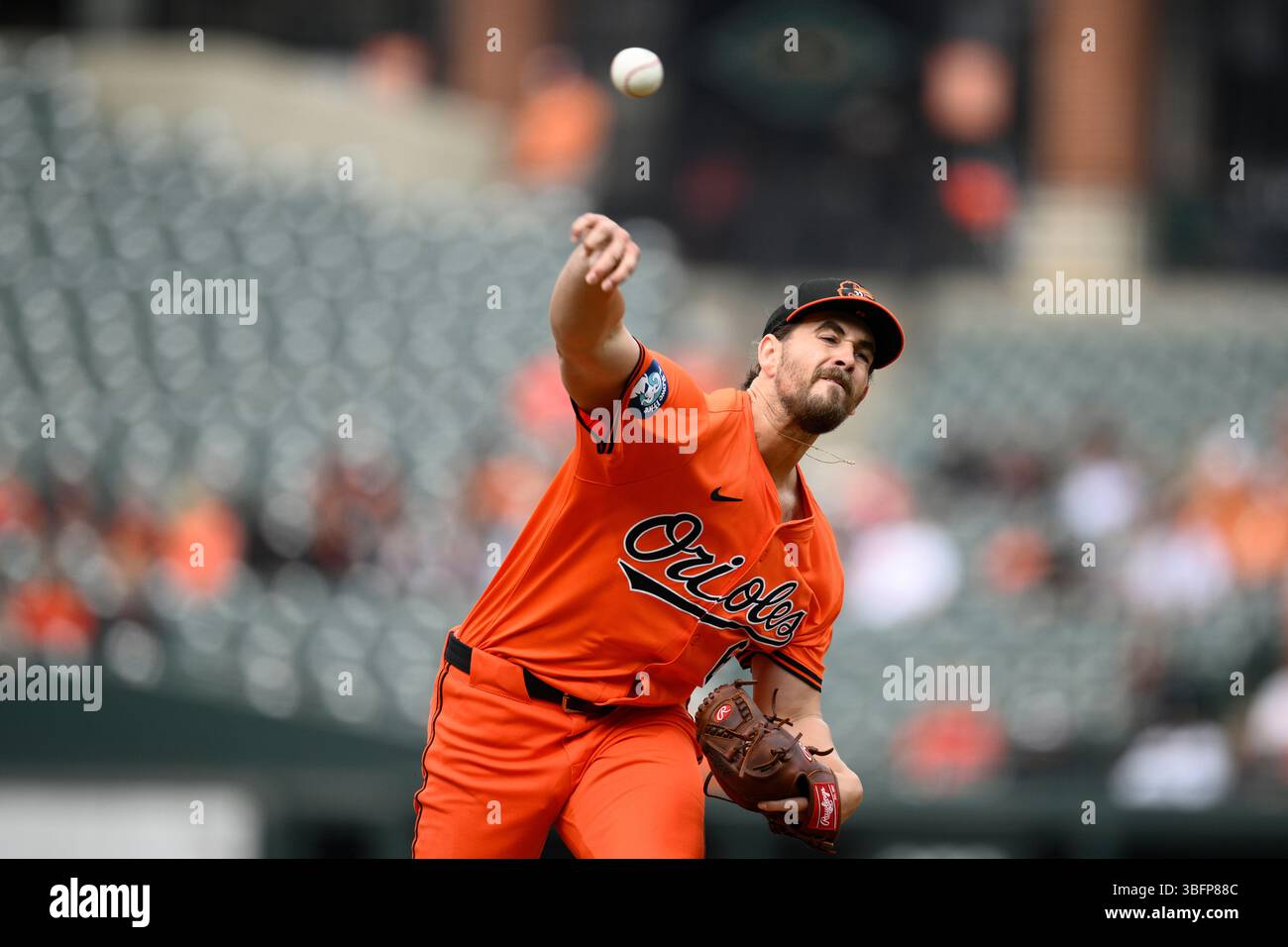 Baltimore Orioles starting pitcher Dean Kremer (64) in action during a baseball game against the Chicago White Sox, Saturday, May 31, 2025, in Baltimore. (AP Photo/Nick Wass) Foto Stock