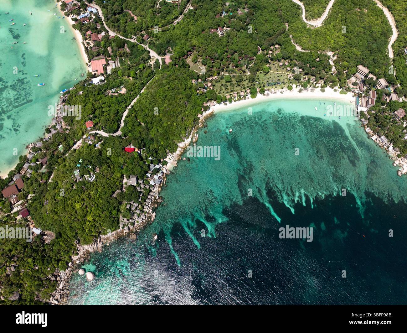 Baia tropicale caratterizzata da acque turchesi cristalline, vivaci barriere coralline e vegetazione lussureggiante lungo la costa. Thailandia, Koh Tao. Foto Stock