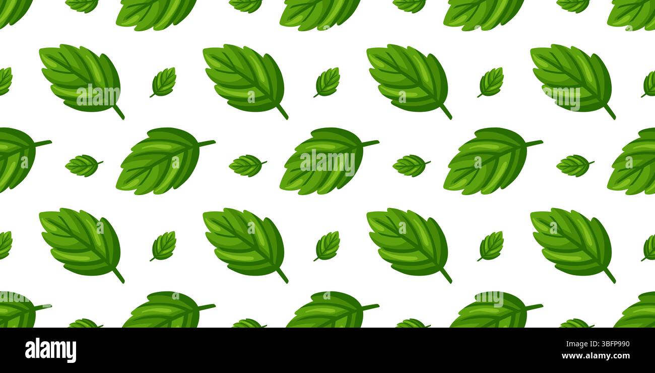 Motivo senza cuciture con foglie di menta verde grandi e piccole disposte a ripetizione su sfondo bianco. Stile cartoni animati Illustrazione Vettoriale