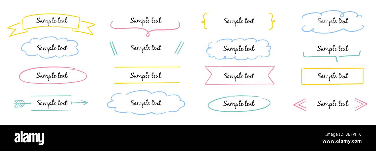 Set di banner per titoli per cornici disegnate a mano. Striscione disegnato a mano, elementi di forma per appunti per etichette con linee a nastro. Titolo della casella di testo tratto da un pennarello dal design accattivante, decorazione del titolo. Illustrazione vettoriale Illustrazione Vettoriale