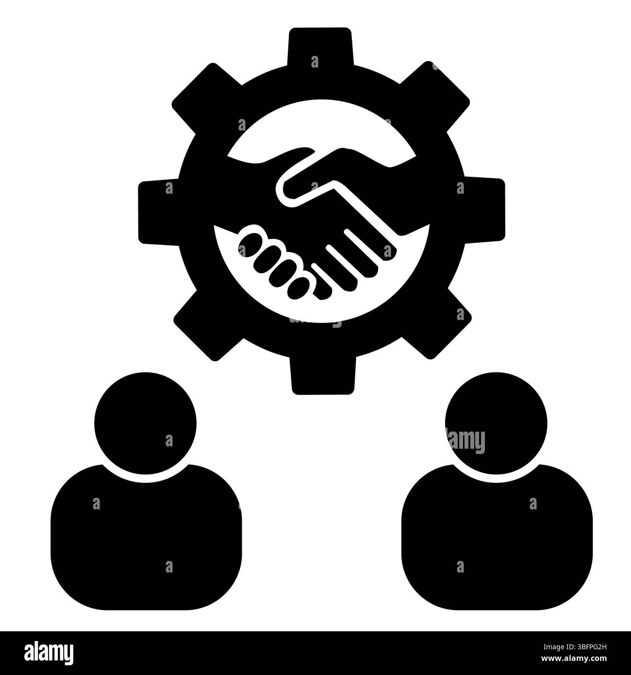 Icona della strategia delle joint venture. Firma del programma di affiliazione aziendale. Simbolo della collaborazione aziendale e della joint venture. Icona del lavoro di squadra e della partnership in Gear l Foto Stock