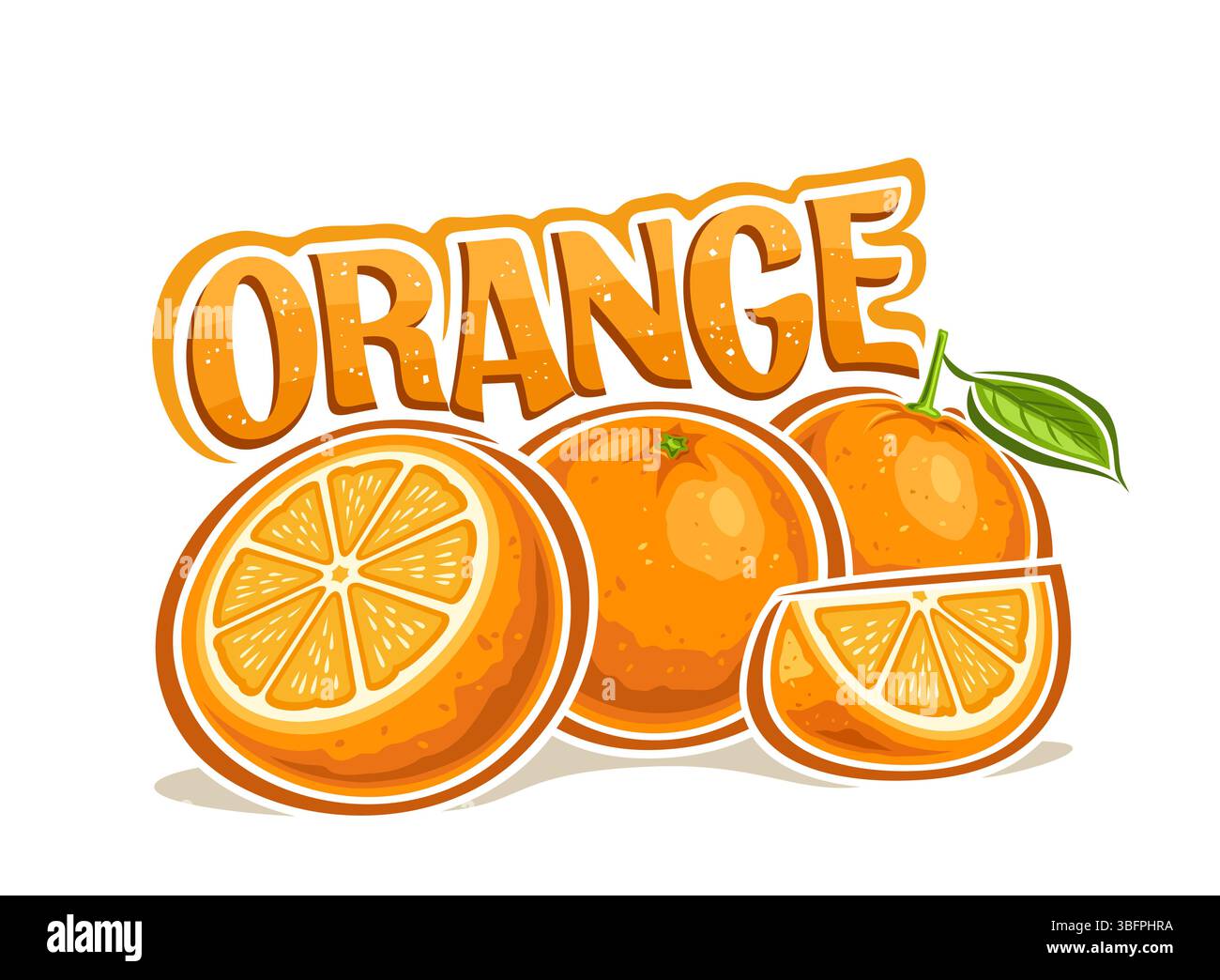 Logo vettoriale per arancione, poster decorativo orizzontale con disegno a cartone animato composizione arancione maturo, gruppo di parti di frutta fresca tritate e b unico Illustrazione Vettoriale