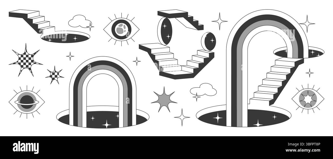 Design surreale del portale con scale: Archi mistici delle porte, buchi neri, occhi fluttuanti, gateway cosmici. Scalinate astratte con forme celesti per concetti artistici da sogno o psichedelici. Illustrazione Vettoriale