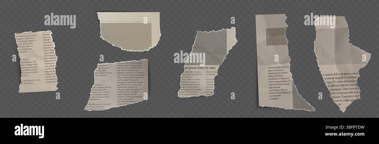 Frammenti di giornali strappati, frammenti di carta strappati con testo. Notizie schiacciate che ritagliano pezzi, vecchi resti di pagine distrutte. Fogli danneggiati dal libro o dal diario. Collage grunge o elemento di design scrapbooking. Illustrazione Vettoriale