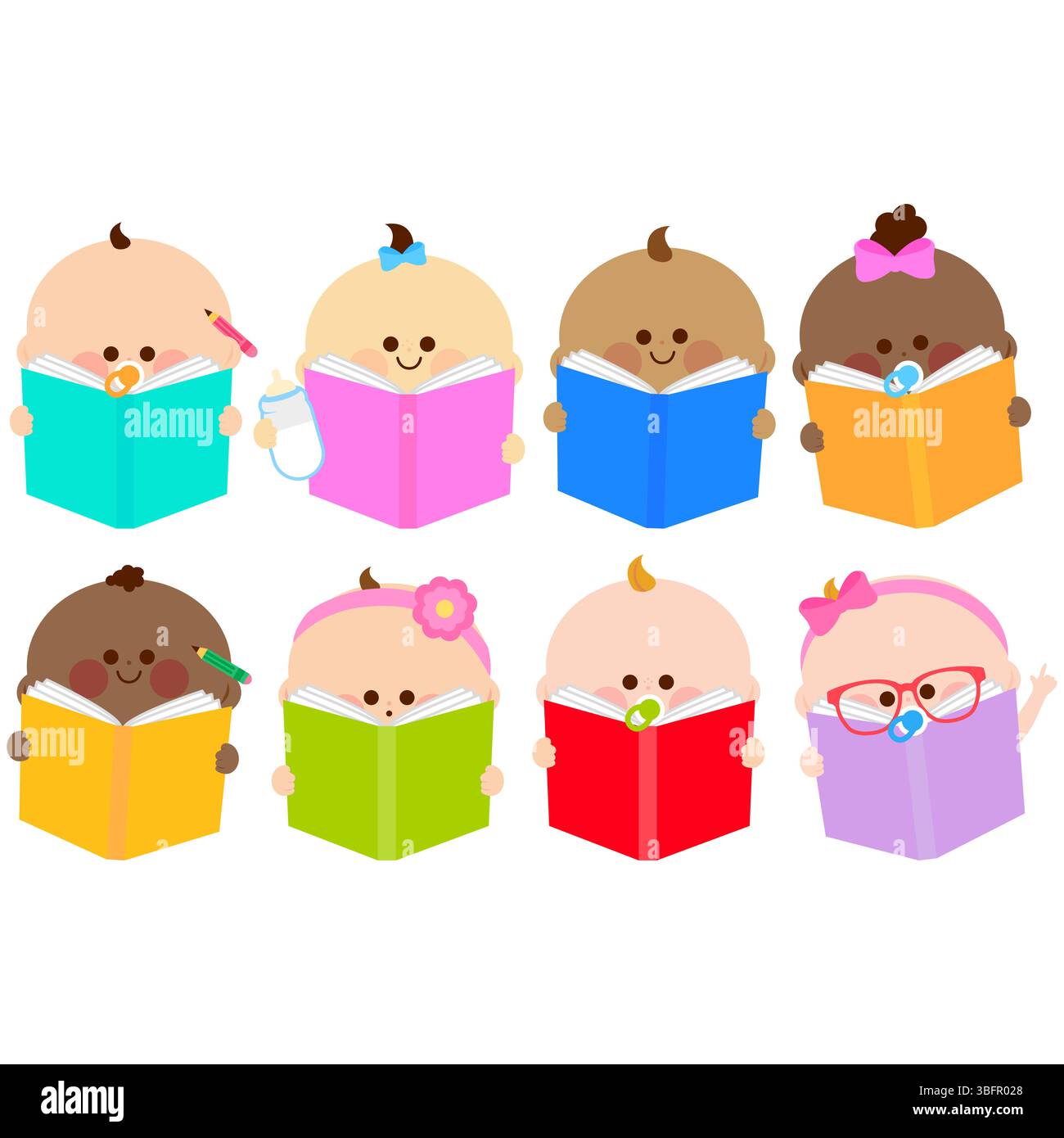 Bambini felici e intelligenti che leggono libri. Cartoni animati di biblioteca e letteratura per bambini. Ragazzo e ragazza carini con un libro di storie per bambini piccoli e piccoli. Foto Stock