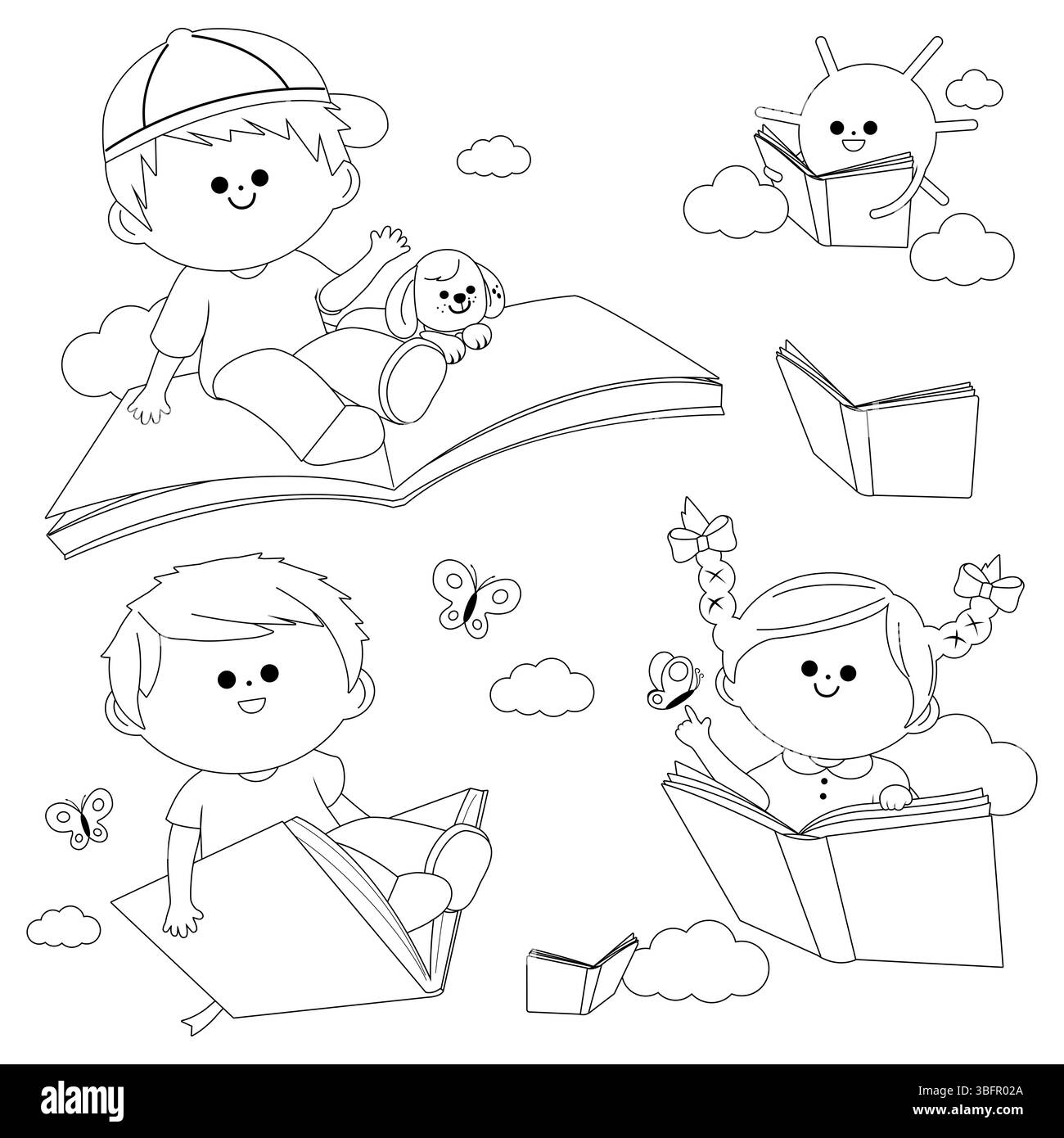 Bambini felici che leggono e volano nel cielo con i libri. Studenti che celebrano il giorno del libro per bambini. Pagina da colorare in bianco e nero. Foto Stock